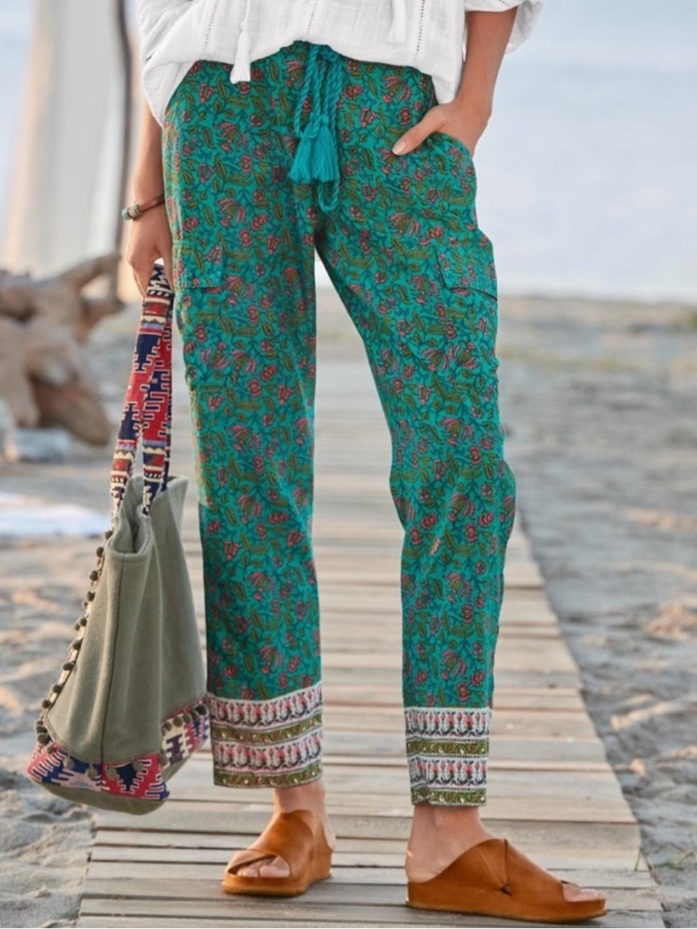 Sundance 100% Cotton Floral Cargo Reef Ankle Pants w/ Tassel Belt, Teal – XL